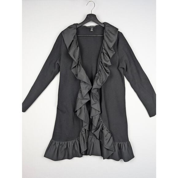 Chico's Black Label Ruffle Trim Long Duster Cardigan Jacket Size 2 Black - Picture 1 of 6